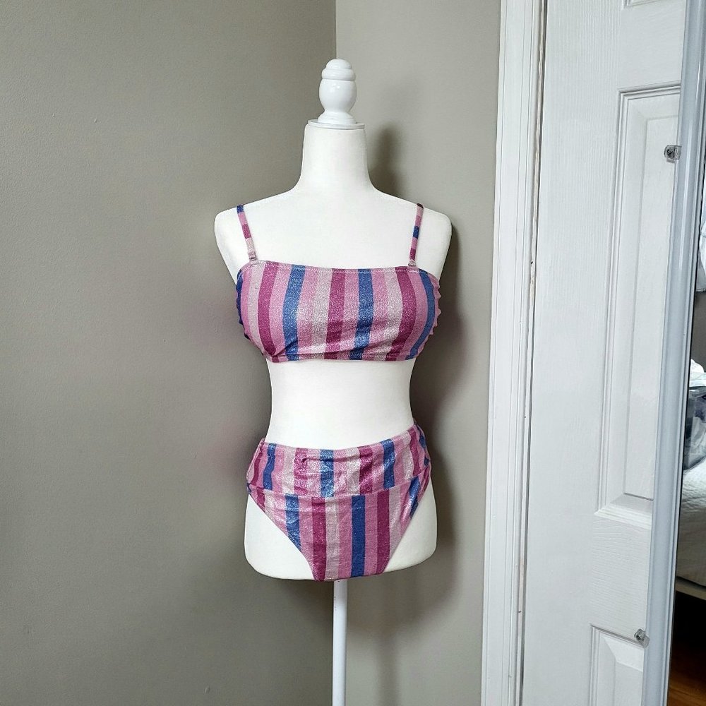 Popvil Multicolor Striped Shimmer Bandeau Bikini Size Large Brand New w/ Tags